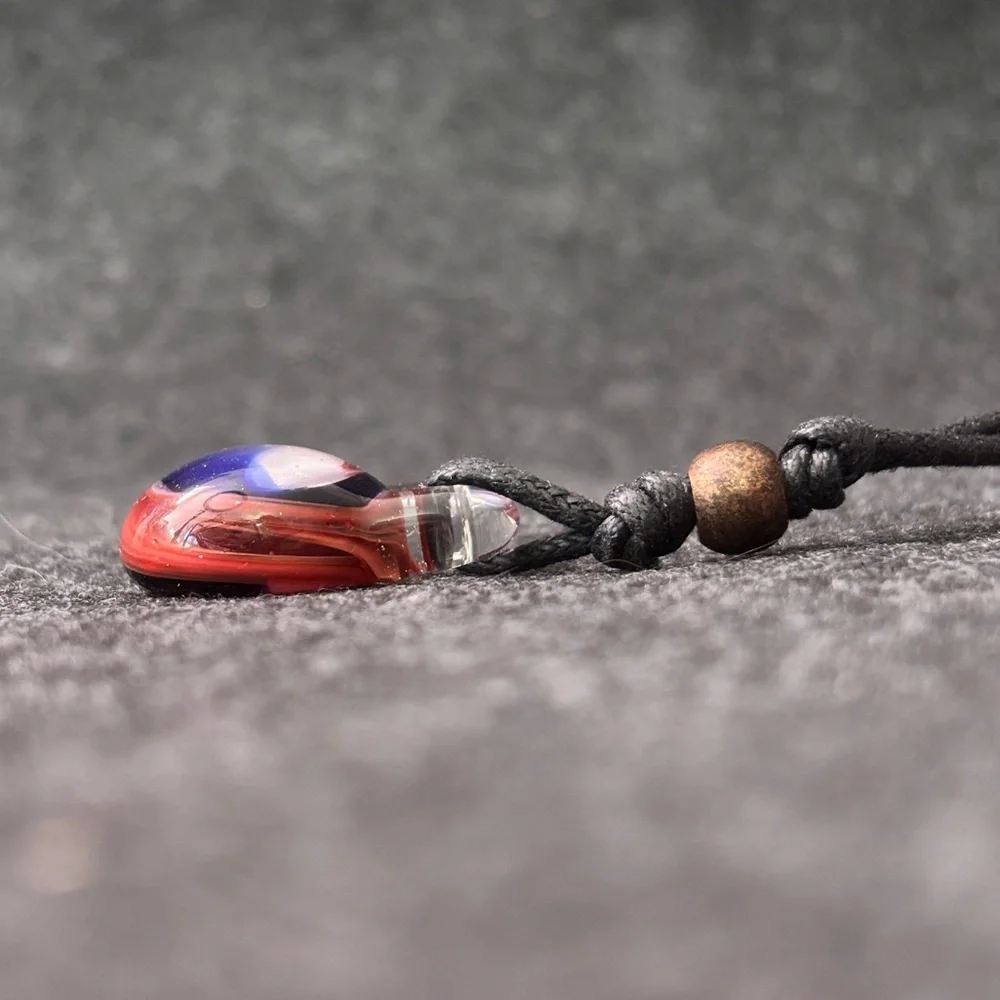 Red, White and Blue Marble Swirl Glass Pendant on Black Cord Keychain